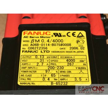 A06B-0114-B075#0008 Fanuc ac servo motor Bis0.4/5000 used